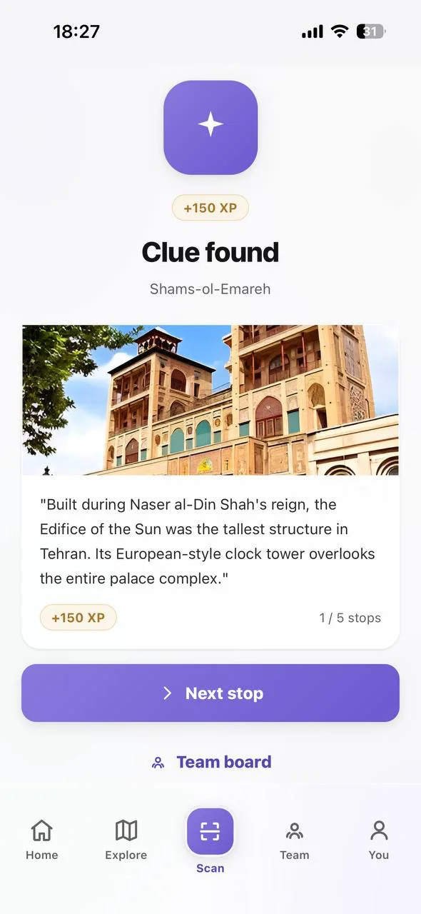 Clue found: the exhibit story unlocks and awards 150 XP
