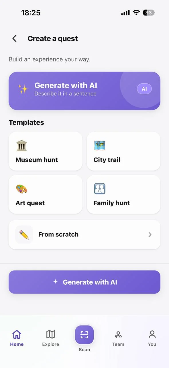 Create a quest: AI generation, four templates, or from scratch