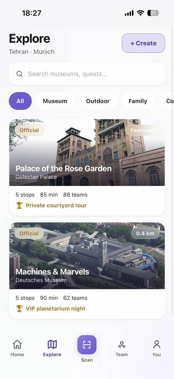 Explore feed: quests by museum and category across Tehran and Munich