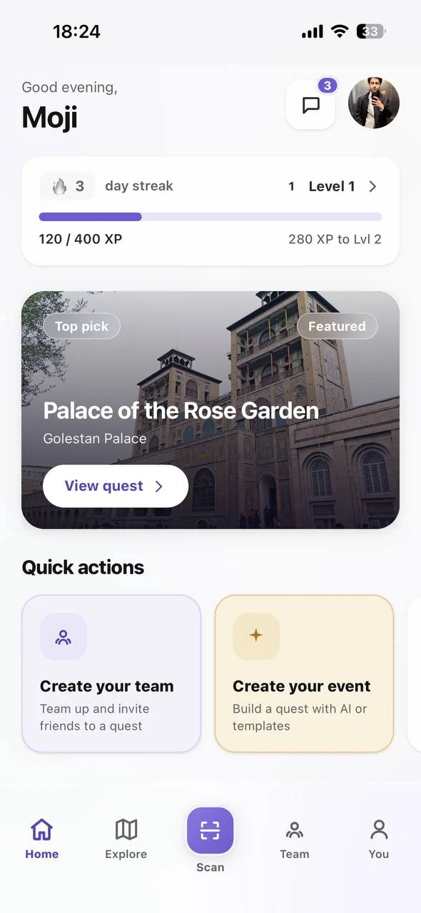 Home dashboard with streak, XP progress and a featured quest