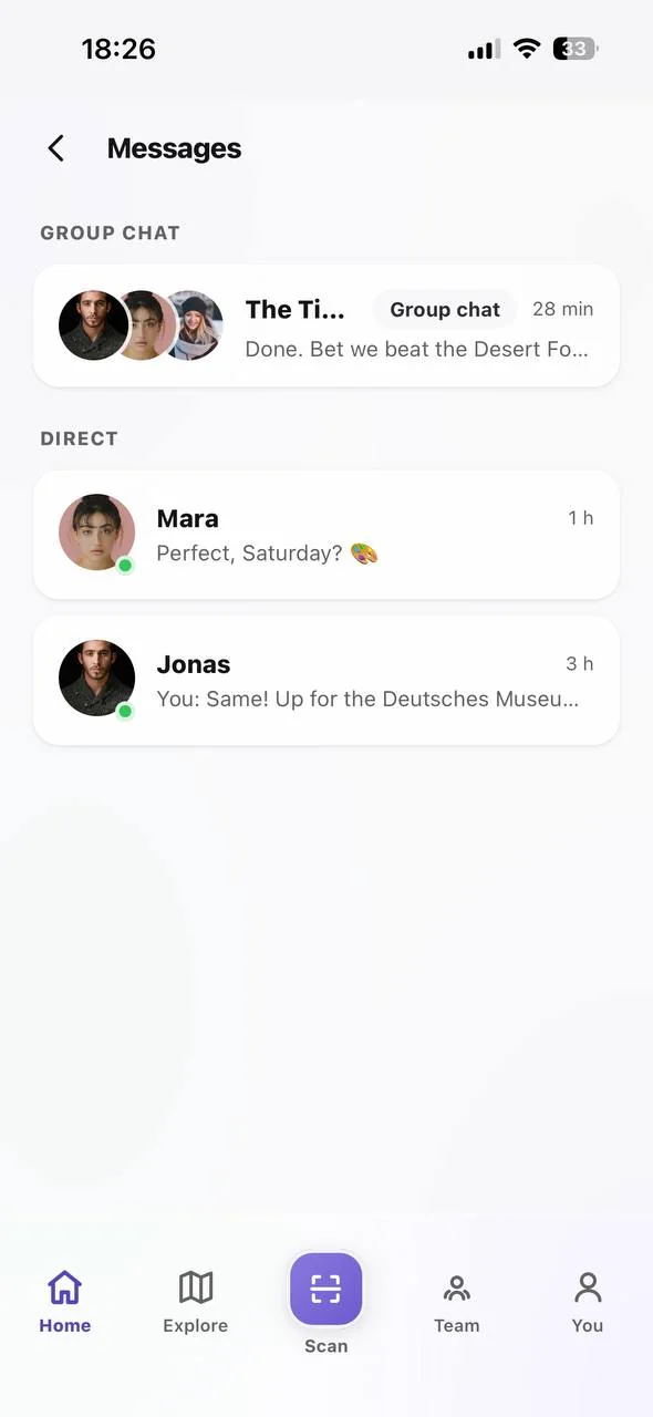 Messages: group chat and direct conversations between explorers