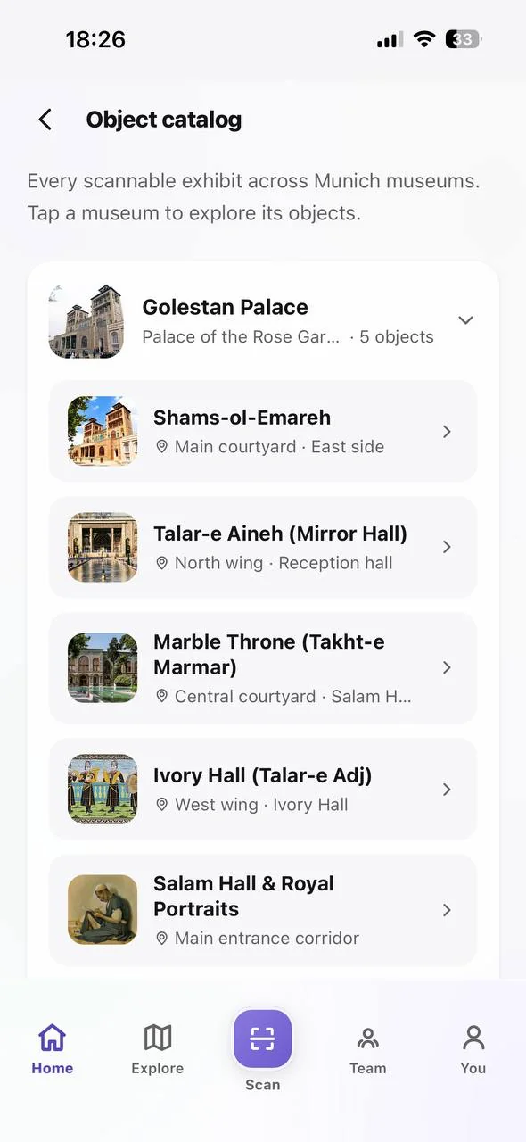 Object catalog: five scannable exhibits at Golestan Palace