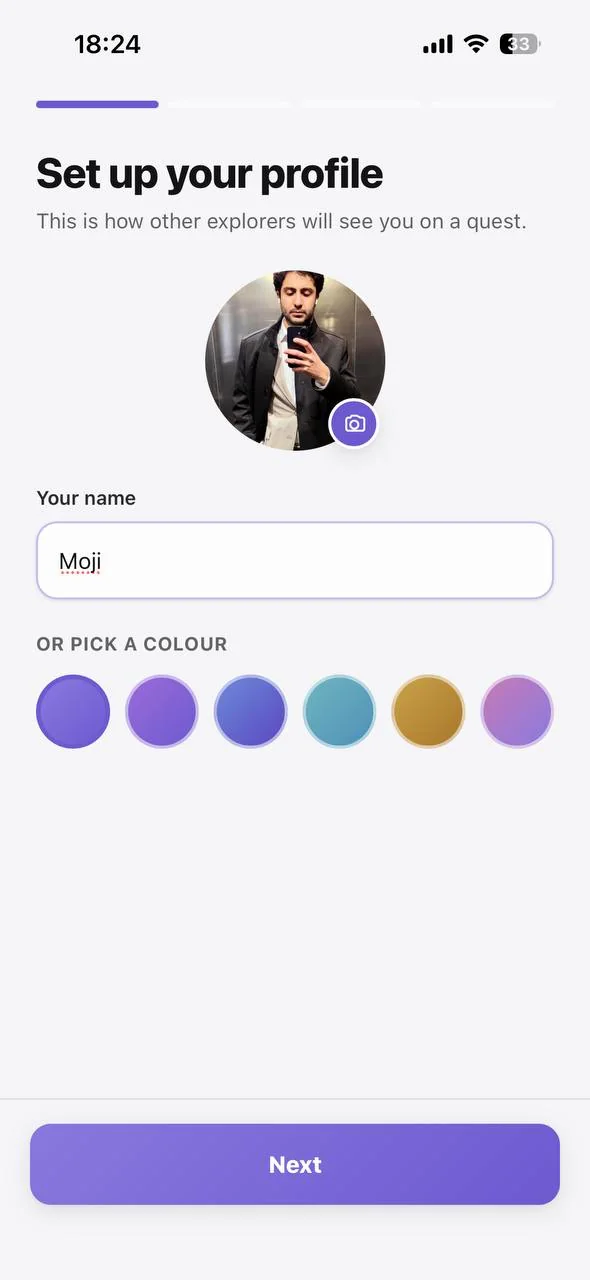 Onboarding: set up your profile with a name, photo or avatar colour