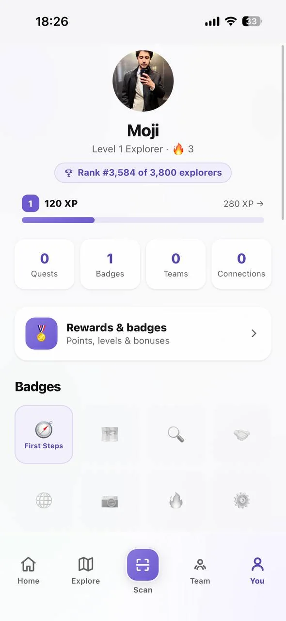 Profile: level, XP and rank among 3,800 explorers