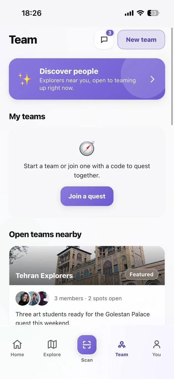 Team tab: open teams nearby, with spots left and the quest they are running