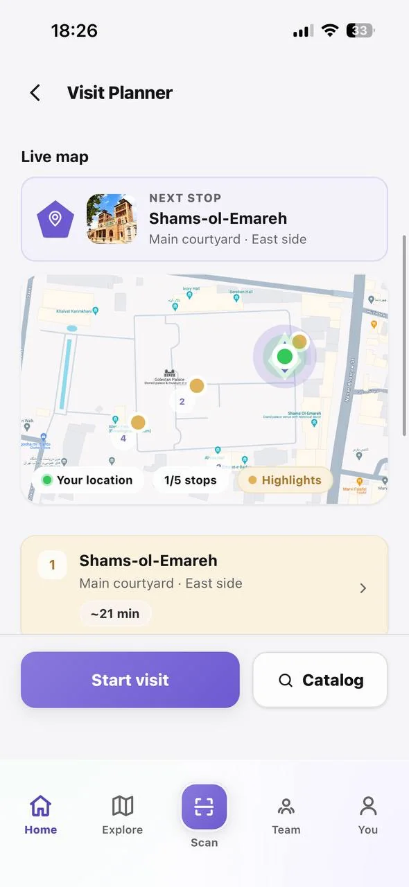 Visit planner with the live map and the next stop