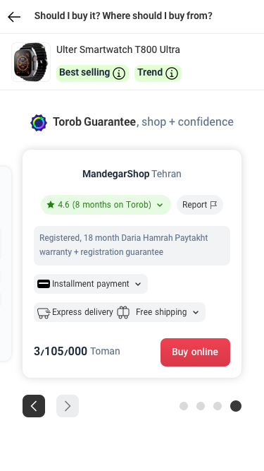 Where and who to buy from, with a Torob Guarantee seller card